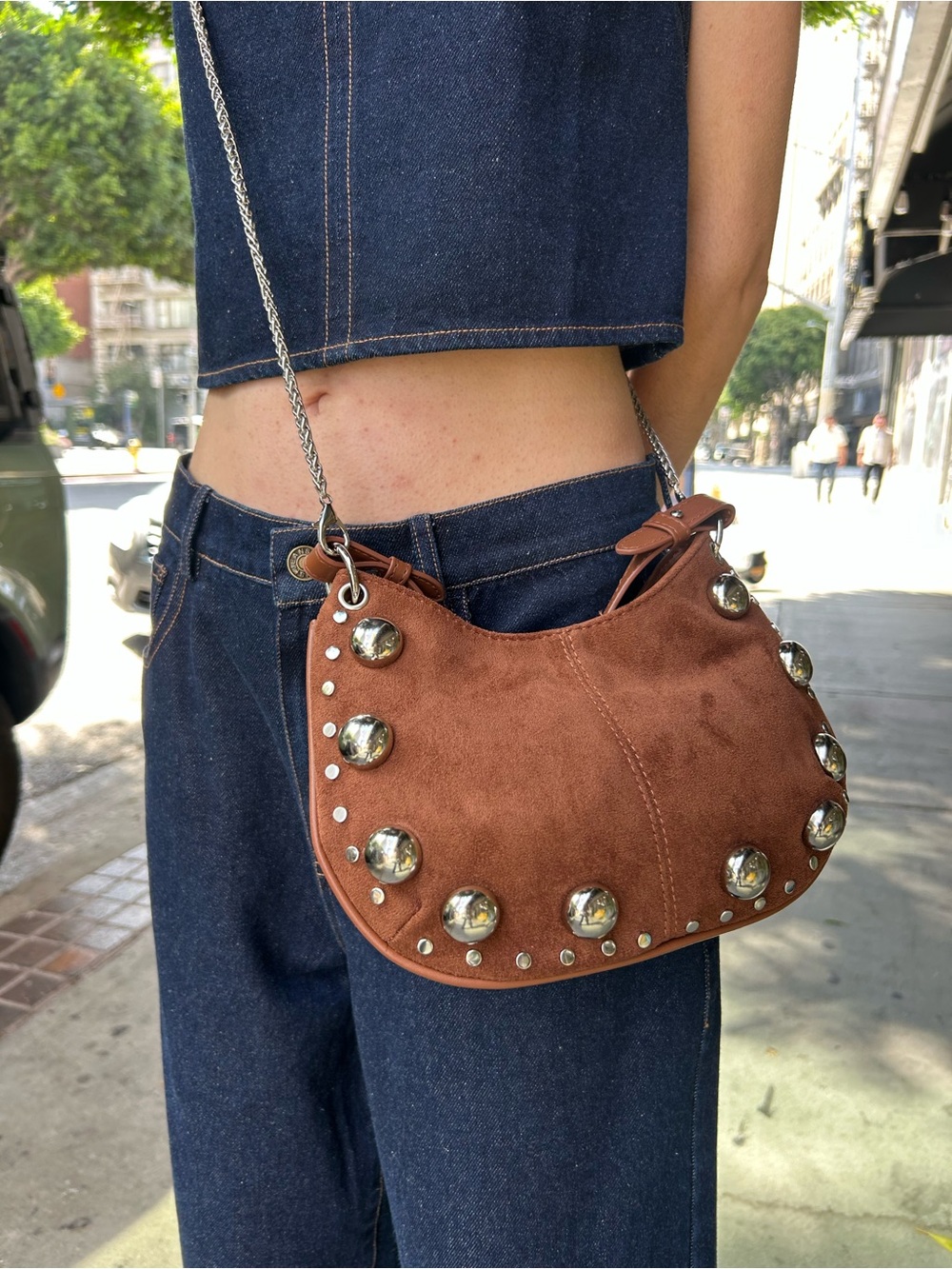 Suede Mini Studded Crossbody Bag in Brown